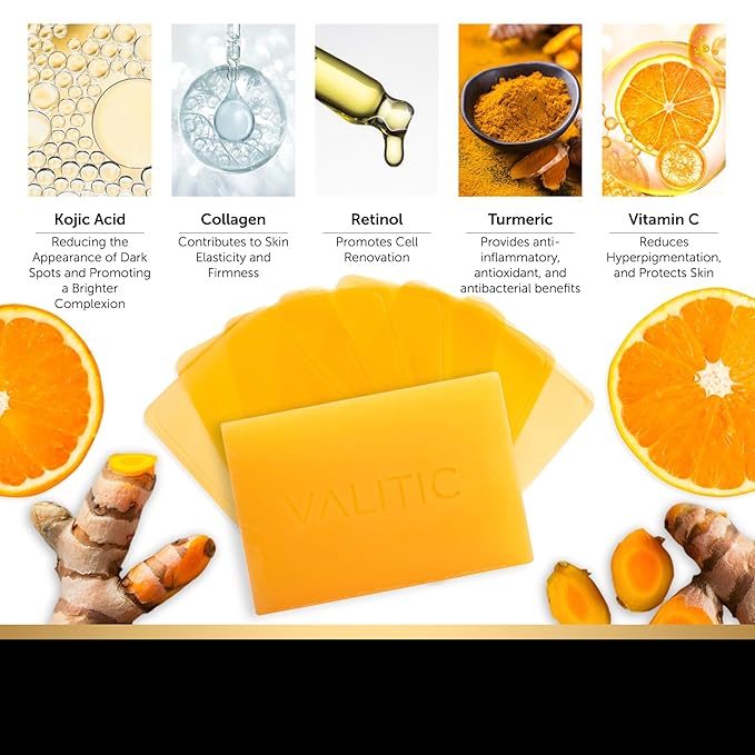 VALITIC Kojic Acid and Turmeric Dark Spot Corrector Soap – Skin Care Cleansing Duo - 2 Soap Bars and 200 Melting Paper Sheets - Infused with Vitamin C, Retinol and Collagen