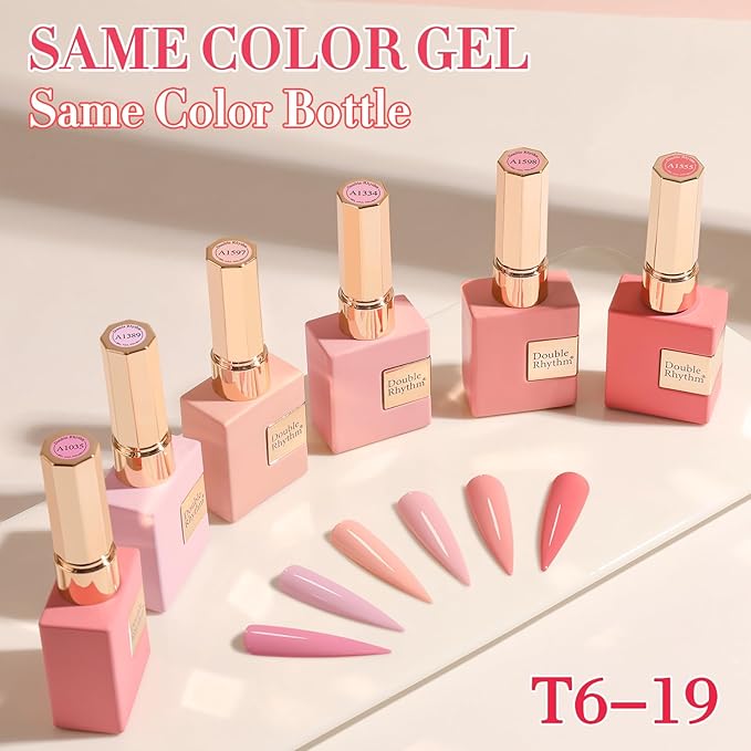 Double Rhythm 6 Pcs 15 ML Gel Polish Set Same Color Same Bottle Soak Off Gel Polish Kit Nail Art Manicure Salon DIY at Home for Women (Light Pale Peach Pink Orange Rose-T6-19)