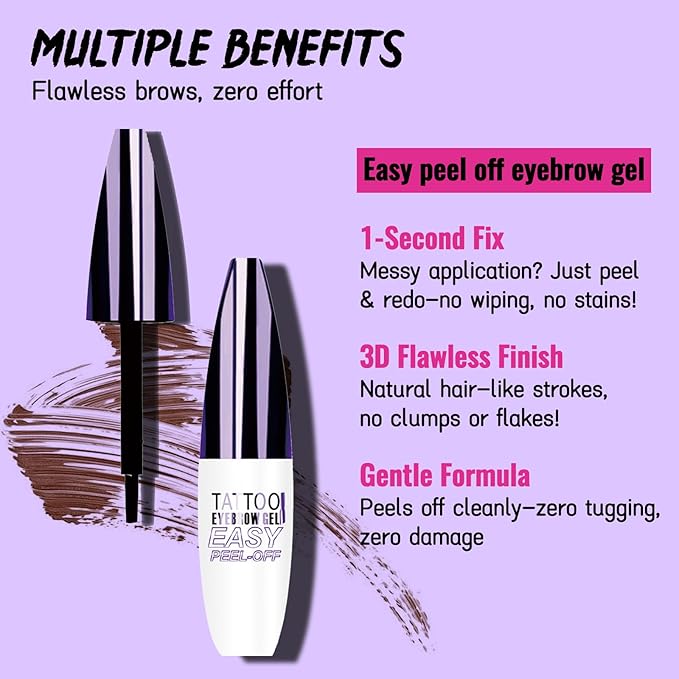 Easy Peel Off Eyebrow Gel, Tattoo Eyebrow Gel Easy Peel Off, Waterproof & Transfer-Proof Lasts Up to 3 Days Brow Color for Women, Create Fuller & Defined Looking Brows At-Home (04# Black)
