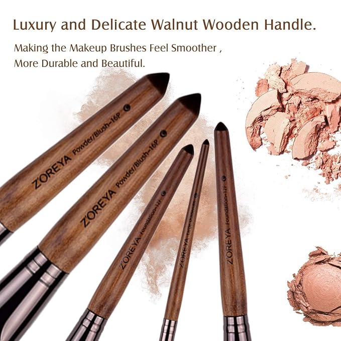 Makeup Brush Set, 15pcs Unique Walnut Makeup Brushes with Vegan Leather Bag, Professional No Shed Tan Makeup Brushes