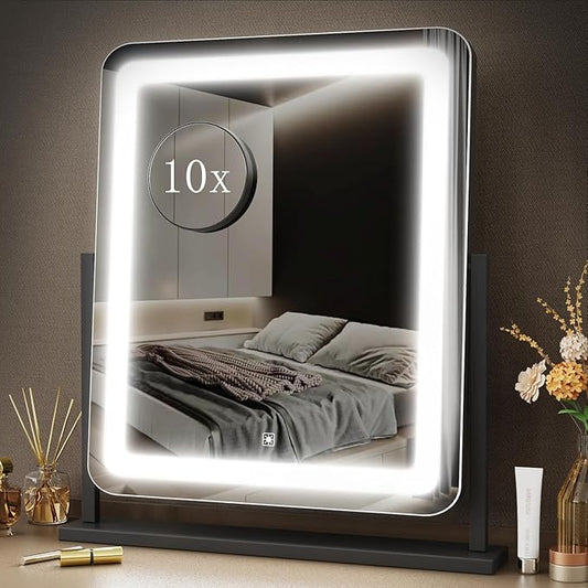HNV Vanity Mirror with Lights - 15"x13" LED Lighted Makeup Mirror, Dimmable Touch Screen with 3-Color Lighting, 360° Rotation, Black Aluminum Frame for Vanity Desk, Bedroom, Tabletop