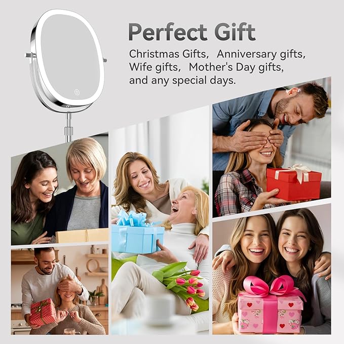 DOWRY Lighted Makeup Mirror with 7X Magnification, Height Adjustable Vanity Mirror, Rechargeable 3 Color Lights Lighted Makeup Mirror, 360° Swivel Double Sided Magnifying Mirror