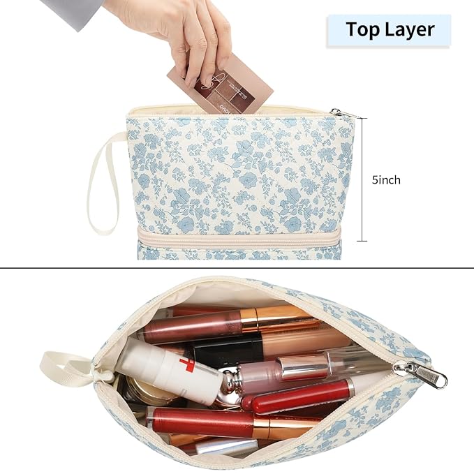 Ethereal Small Makeup Bag, 2 Layers Travel Make up Organizer Bag with Makeup Brush Holder, Portable Cosmetic Bag for Women/Girls, Blue Flower
