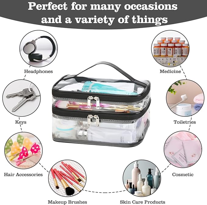 HAOGUAGUA Double Layer Clear Cosmetic Bag Makeup Bag, Waterproof Travel Toiletry Bag, Transparent PVC Pouch Organizer (Black-large)