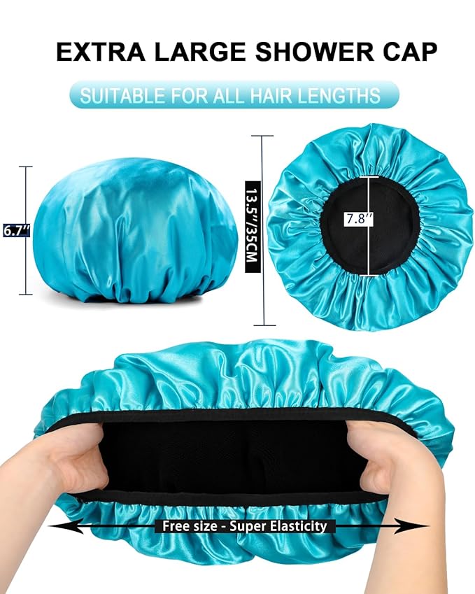 YIZIJIZI Triple Layer Reusable Waterproof Shower Cap for Women Large Terry Lined Hair Cap for Long Thick Hair Travel Bath Care Light Blue