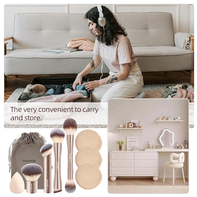 MAANGE 9 PCS Makeup Brush Set Foundation Brush Double Makeup Brushes for Blending Liquid Powder Concealer Cream Blush Buffe Contour Make up Brush Kit (Gold)