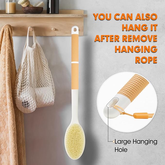 Body Scrubber Anti Slip for Shower,Shower Brush Long Handle with Stiff and Soft Bristles,Body Wash Exfoliating Back Scrubber for Bath or Dry Brushing Body Brush(Orange)