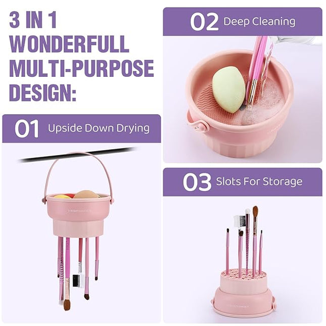Makeup Brush Cleaner Mat 3 in 1 Silicone Makeup Brush Cleaner Bowl Cosmetic Brushes Cleaning Tool Organizer for Storage and Air Drying (Pink)