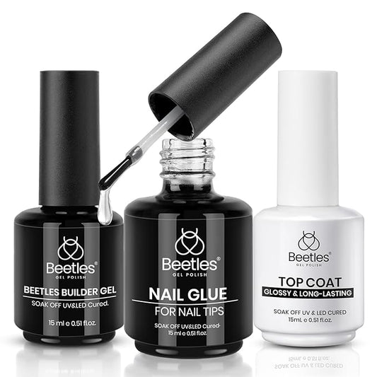Beetles Gel Nail Glue Kit, 15ml Nail Glue Builder & Extra Glossy Top Coat Gel Nail Polish 3 Pcs Soak Off UV Kit for Long-Lasting Shine, Manicure Nail Art Design Diy at Home Gifts for Women
