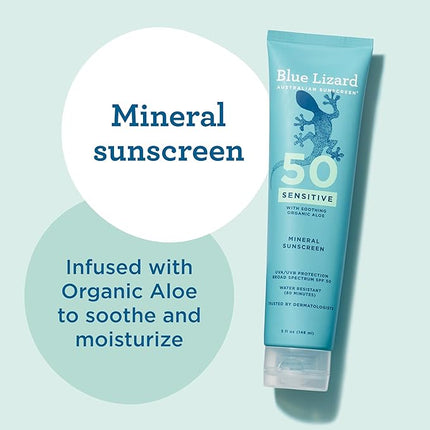 Blue Lizard Sensitive Mineral SPF 50 Sunscreen Lotion, 100% Mineral Sunscreen, UVA/UVB Protection, Infused with organic Aloe Vera, Soothes and Hydrates, 5 fl oz | with Zinc Oxide, 50+, Water Resistant, UVAUVB Protection, Sensitve