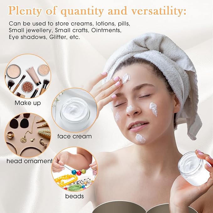 SATINIOR 100 Pcs Plastic Jars with Lids Small Containers Lids Wide Mouth Small Plastic Containers for Lotion Cream Rhinestones Body Butters Travel Storage(6 oz,White)