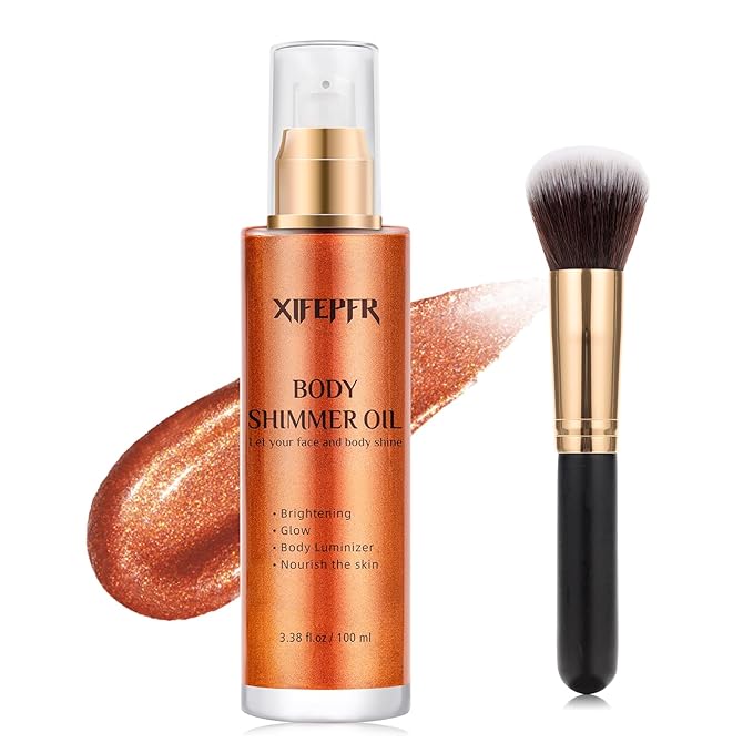Body Shimmer Oil, Golden Brown Luminizer Face Highlighter Liquid Illuminator with Makeup Brush, Long Lasting Moisturizing Glitter Oil for Makeup