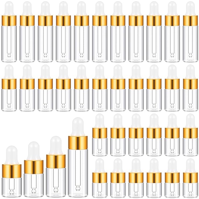 100 Pcs Mini Glass Oil Dropper Bottle Bulk, Clear Essential Small Empty Bottles Sample Containers Perfume Liquid Vials with Cap for Traveling (1ml,2ml,3ml,5ml,Gold)