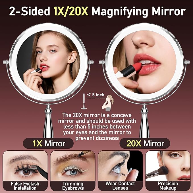 Makeup Mirror with Lights, 20X Magnifying Mirror with Light for Women, 5000 mAh Vanity Mirror with Lights and 3 Colors, 2-Sided Lighted Magnified Mirrors for Delicate Makeup, 9 Inch