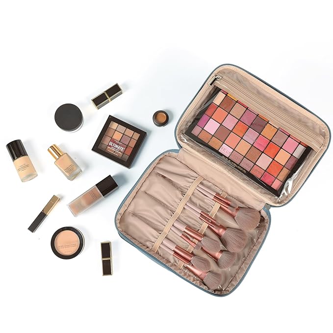 NISHEL Large Double Layer Travel Makeup Bag Women, Cosmetic Case, Organizer for Travel-Size Accessories Bottles, Brushes, Conditioner, and Skin Care Products, Lake Blue