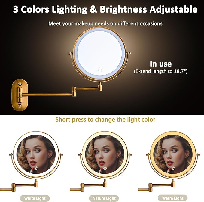 Rechargeable Wall Mounted Lighted Makeup Vanity Mirror 8 Inch Double Sided 1X 10X Magnifying Bathroom Mirror, 3 Color Lighting, Touch Screen Dimming, 360 Rotation Shaving Mirror…