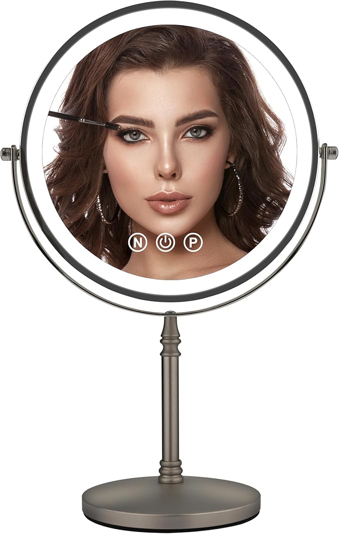 9" Large Lighted Makeup Mirror, 1X/10X Magnifying Mirror with Light, 3 Colors Brightness Adjustable, Rechargeable Double Sided Vanity Mirror with 80 LED Lights Grey