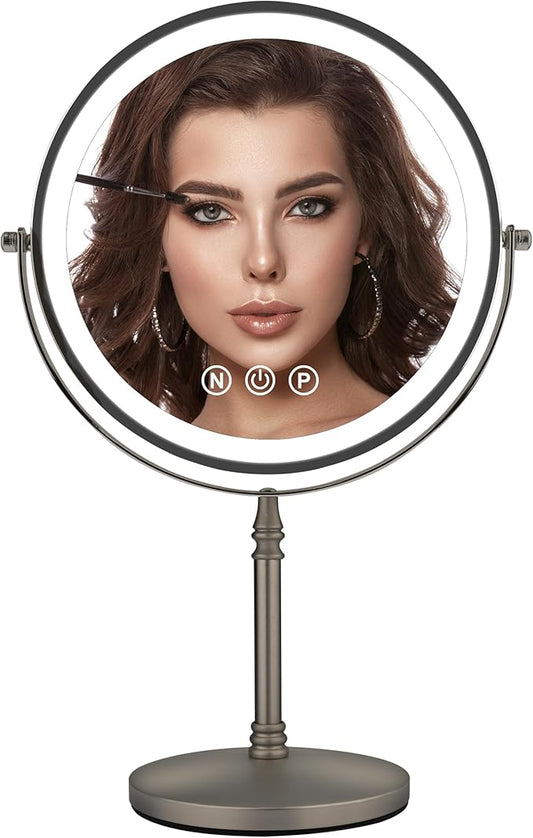 9" Large Lighted Makeup Mirror, 1X/10X Magnifying Mirror with Light, 3 Colors Brightness Adjustable, Rechargeable Double Sided Vanity Mirror with 80 LED Lights Grey