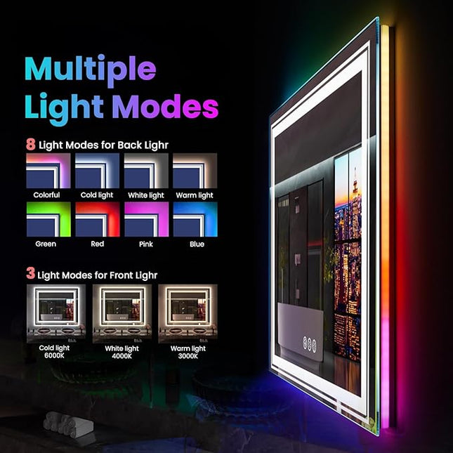 LED Mirror for Bathroom, 55"X36" with 8 RGB Backlit +3 Front Lit (Adjustable Individually), Anti-Fog, Large Lighted Bathroom Vanity Mirror for Wall,Shatterproof,Memory Function,Tempered Glass