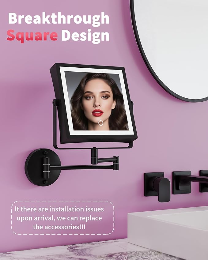 Rechargeable Wall Mounted Makeup Mirror with Lights, 4000mAh Double Sided 1X/10X Magnifying Vanity Mirror with 3 Color Lights, Touch Dimmable, 360° Extension Foldable Arm (Matte Black)