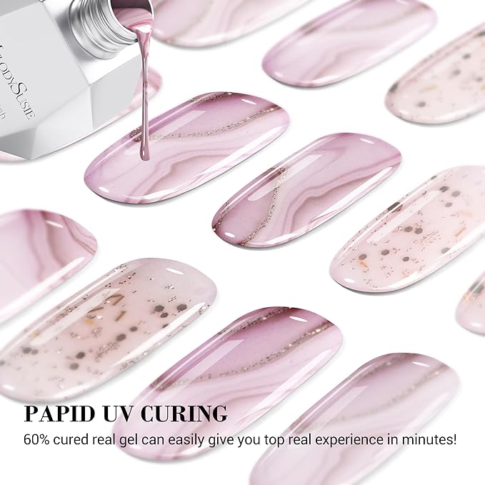 MelodySusie Semi Cured Gel Nail Strips, 20 PCS Gel Nail Stickers, Gel Nail Wraps, UV Light Required, Durable and Salon Quality (Nude Pink Marble)