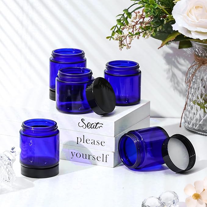 Norme 48 Pcs 4 oz Glass Jars with Lids Leakproof Round Airtight Empty Cosmetic Jars with Inner Liners Lid for Storing Lotions Powder Ointments Candle Making Tins (Black,Blue)