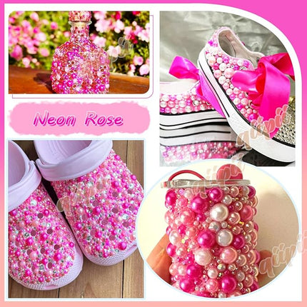 qiipii 2 Styles Solid Hot Pink+ Rose Pink AB Flatback Pearls for Bedazzling Crafting 3mm-10mm Half Round Pearls Beads Gems Bedazzler Kit for Nails Face Eyes Makeup Tumblers Bottles DIY Crafts Shoes﻿