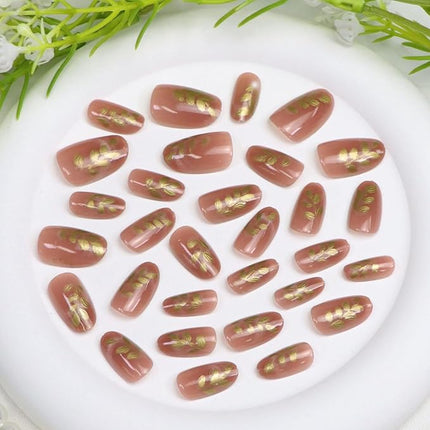 Press on Nails Short Oval Fake Nails with Cat Eye Gold Leaves Designs Nude Pink Glue on Nail Glossy Acrylic Nail Cute Daily Wear Simple Fall Stick on Nail for Women 24 Pcs