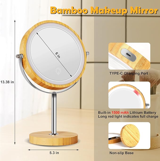 8" Lighted Makeup Mirror with Bamboo Stand, 1X/10X Double Sided Magnifying Vanity Mirror with Lights, 3 Colors Dimmable Lightning, Gifts for Women Mom Teen Girls