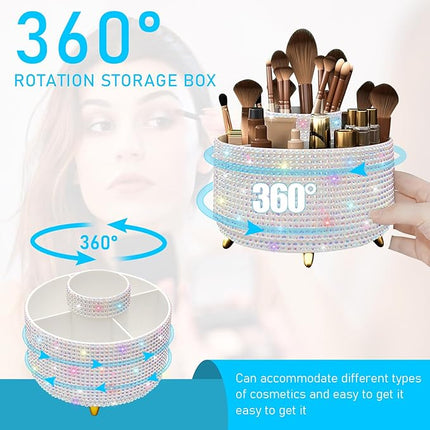 Diesisa Bling Diamond 360° Makeup Brush Holder Organizer, Rotating Makeup Brush Organizer,5 Slot Make up Brushes Cup for Cosmetics, Vanity Desktop Organizer, Gift for Women Teen Girls- Diamond White