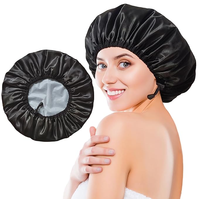 Shower Cap for Women, Large Shower Caps Reusable Waterproof with Elastic Band, Silky Satin Double-layer Bath Cap for Braids Long Hair