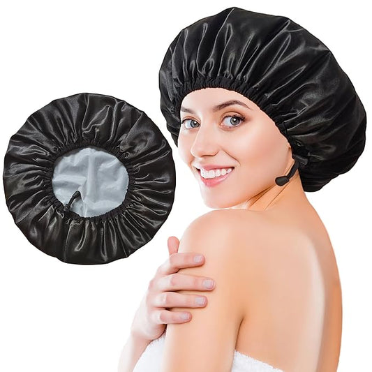 Shower Cap for Women, Large Shower Caps Reusable Waterproof with Elastic Band, Silky Satin Double-layer Bath Cap for Braids Long Hair
