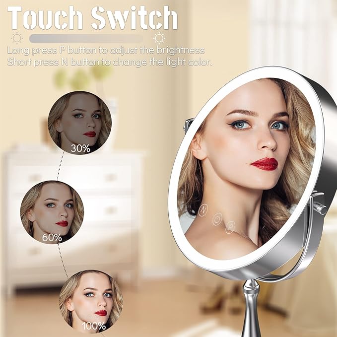 9" Large Lighted Makeup Mirror, 1X/10X Magnifying Vanity Mirror with 3 Colors Dimmable Lightning, 80 LED Lights, 360°Rotation Double Sided Standing Desk Mirror
