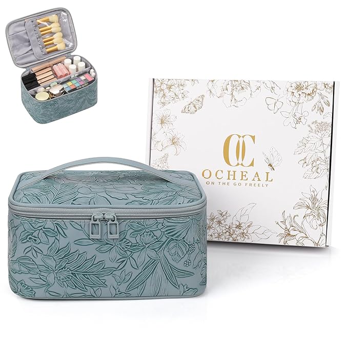 OCHEAL Makeup Bag,Travel Makeup Organizer Bag, Large Capacity Cosmetic Bags for Women Large Travel Toiletry Bag for Girls Traveling With Brush Slot And Divider-Blue Floral