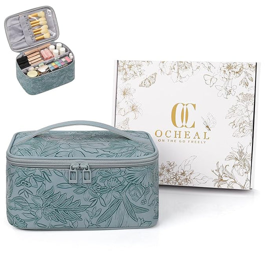 OCHEAL Makeup Bag,Travel Makeup Organizer Bag, Large Capacity Cosmetic Bags for Women Large Travel Toiletry Bag for Girls Traveling With Brush Slot And Divider-Blue Floral
