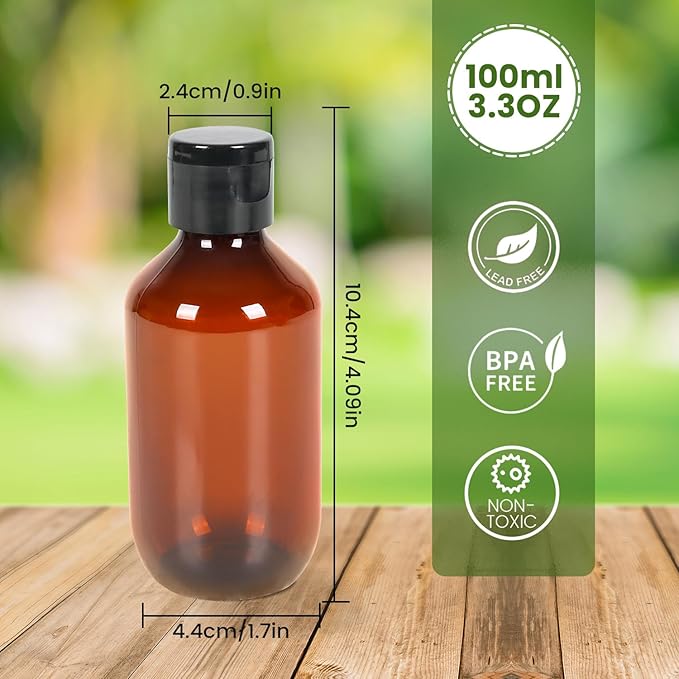 Travel Size Amber Bottles with Flip Cap - 24 Pack 3.4oz Leak Proof Dispenser Containers for Toiletries, Essential Oils & Shampoo - Set of Small Empty Plastic Bottles