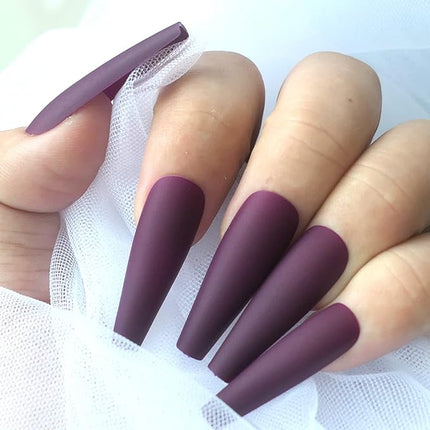 LoveOurHome 100pc Matte Coffin Press on Nails Long Ballerina Fake Nails Full Cover Colored False Artificial Fingernails Manicure Decor 10 Sizes for Women Teen Girls (Dark Magenta)