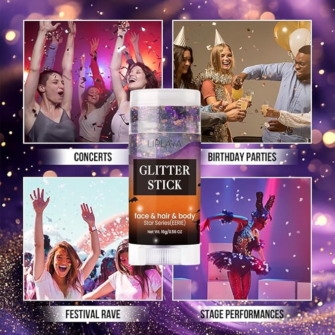 Face and Body Glitter Stick, Singer Concert Music Rave Face Body Sequins Glitter Stick for Women Face/Body/Hair/Eyes/Lip Glitter Makeup. (Black & Orange & Purple)