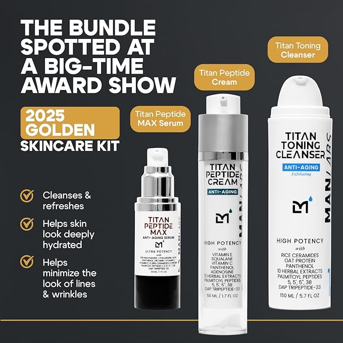 Titan Golden Anti-Aging Mens Skin Care Kit – Wash, Face Serum, Mens Face Moisturizer – Men, Skin Care Set – Dark Spots, Wrinkles, Fine Lines – Vitamin C, Peptides, Niacinamide, HA – Unscented