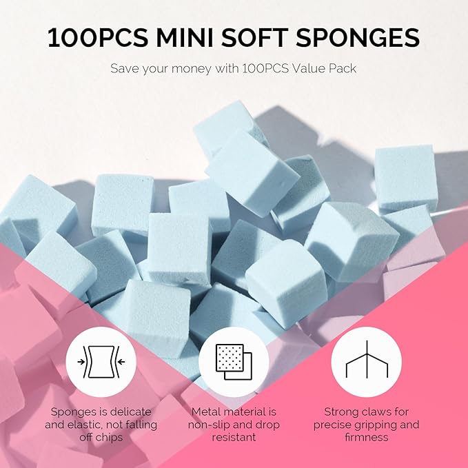 MelodySusie 100Pcs Soft Nail Sponges for Ombre, Nail Art Sponges With Grabbing Pen, Blooming Nails, Gradient Nail, Manicure Nail Art Tools, Professional Accessories for Home and Salon Use, Blue