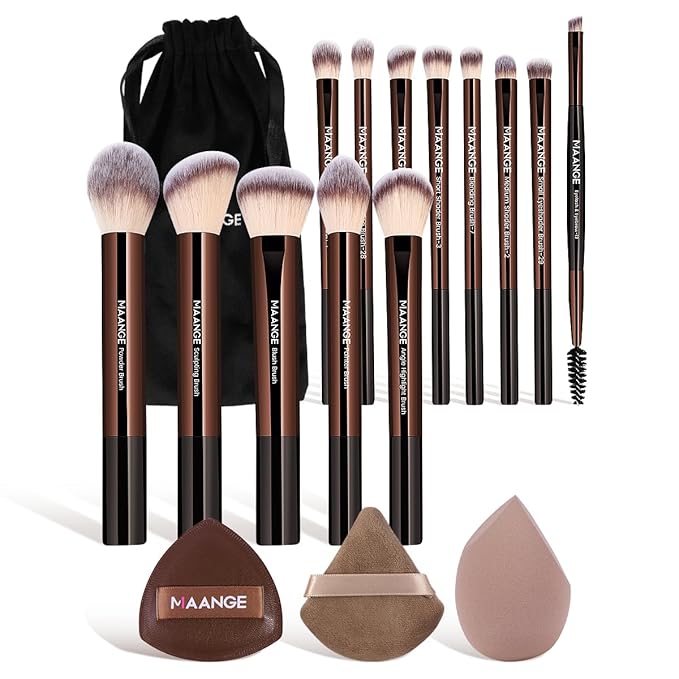 MAANGE 16PCS Makeup Brush Set Travel Makeup Brushes for Liquid Powder Contour Concealer Cream Cosmetics Blending Eyeshadow Eyeliner (Coffee)