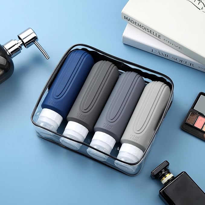 Travel Bottles for Toiletries, Large 6oz Oversize Containers, BPA Free Leak Proof Tubs Refillable Liquid Traveler Accessories with Toiletry Bag for Cometic Shampoo and Lotion Soap (4 Pack)