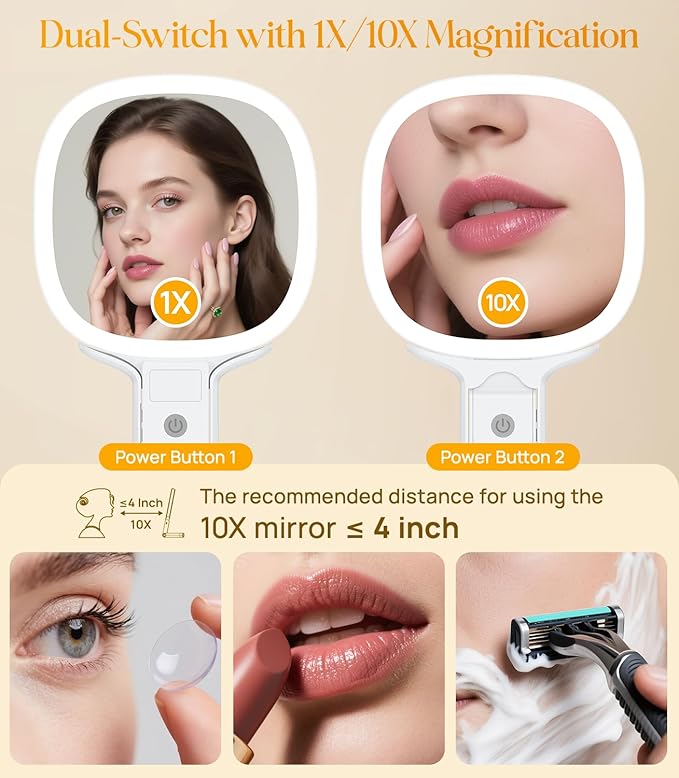 Gospire 6.8" Travel Vanity Mirror, 3-in-1 Hanging/Handheld/Desktop Use with Dual-Side Buttons, 1X/10X Magnification, 3-Color Dimmable LED, Auto Memory + Velvet Pouch (White)