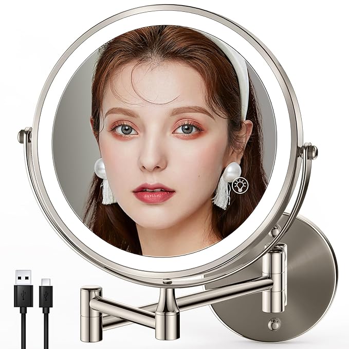 8.5 Inch Rechargeable Wall Mounted Makeup Mirror Brushed Nickel, Double Side Dual-Touch 1X/10X Magnifying Mirror with Light, 3 Color Lights 360°Swivel Extendable Bathroom Mirror