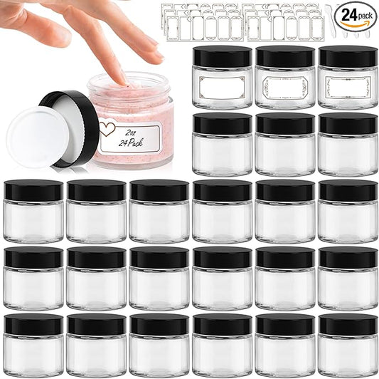 2 oz Clear Glass Jars with Lids 24Pack, Small Jars with Inner Liners for Sample, Powder, Cream, Lotion and Ointments with Stickers & Spatulas Included