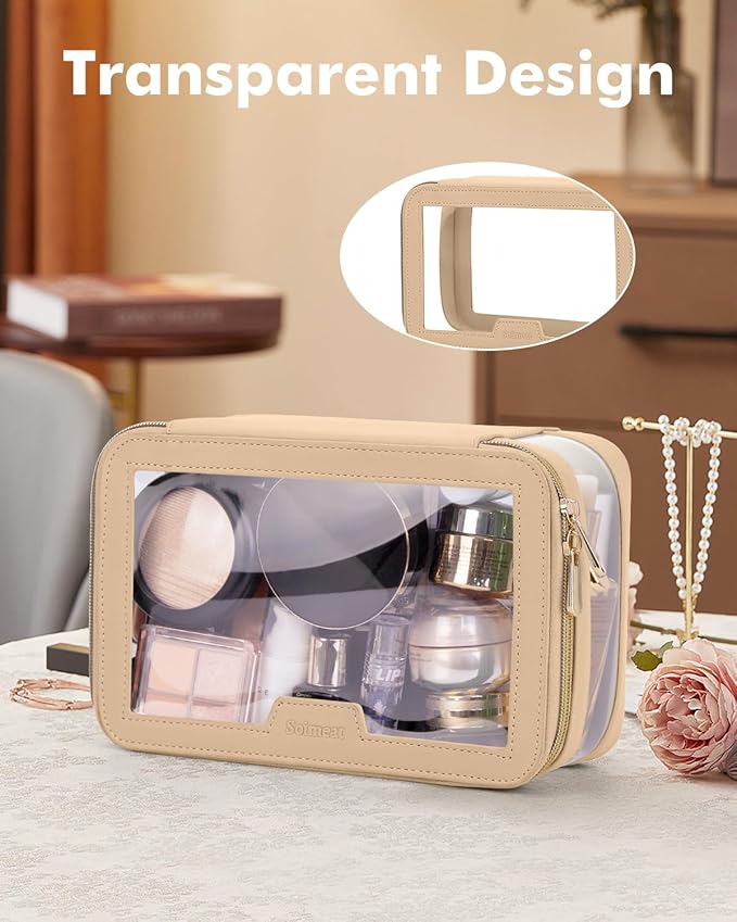Travel Clear Makeup Bag with Makeup Brush Bag, Leather Makeup Case Toiletry Bag, Portable Cosmetic Bag Case, Transparent Waterproof Cosmetic Organizer Storage Bag for Women, Khaki