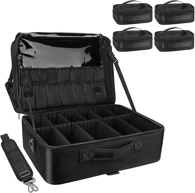 Relavel Extra Large Makeup Case with 4 Pcs Makeup Bags, Professional Makeup Artist Set Portable Nail Organizer Box Art Supply Case with Adjustable Dividers (5 Pack, black)