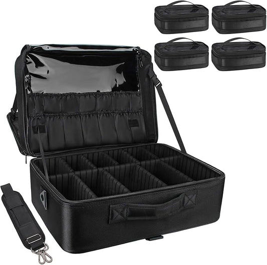 Relavel Extra Large Makeup Case with 4 Pcs Makeup Bags, Professional Makeup Artist Set Portable Nail Organizer Box Art Supply Case with Adjustable Dividers (5 Pack, black)