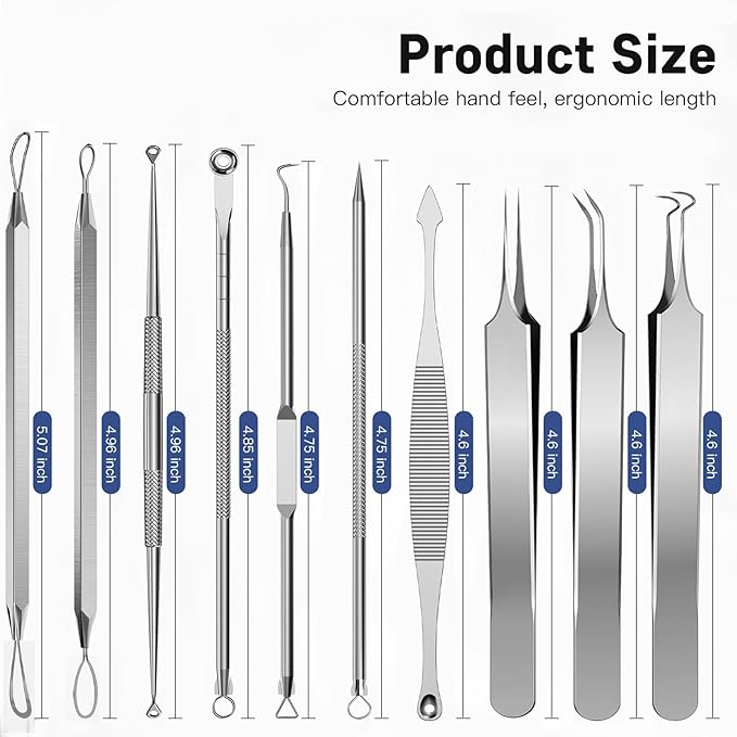Professional Pimple Popper Tool Kit,10 PCS Blackhead Remover Kit,Extractor Acne Removal Kit for Easy Removal for Pimples,Comedone Extractor Tools for Removing Zit,Acne Removal Kit (Silver)
