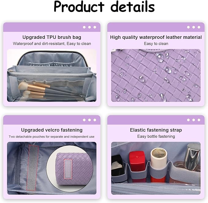 BOYATU Travel Makeup Bags for Women: Vegan Leather Cosmetic Bag Set of 3 - Large Capacity Make up Bag with Divider - Wide Open Waterproof Toiletry Organizer Bag with Handle (L13-Purple)
